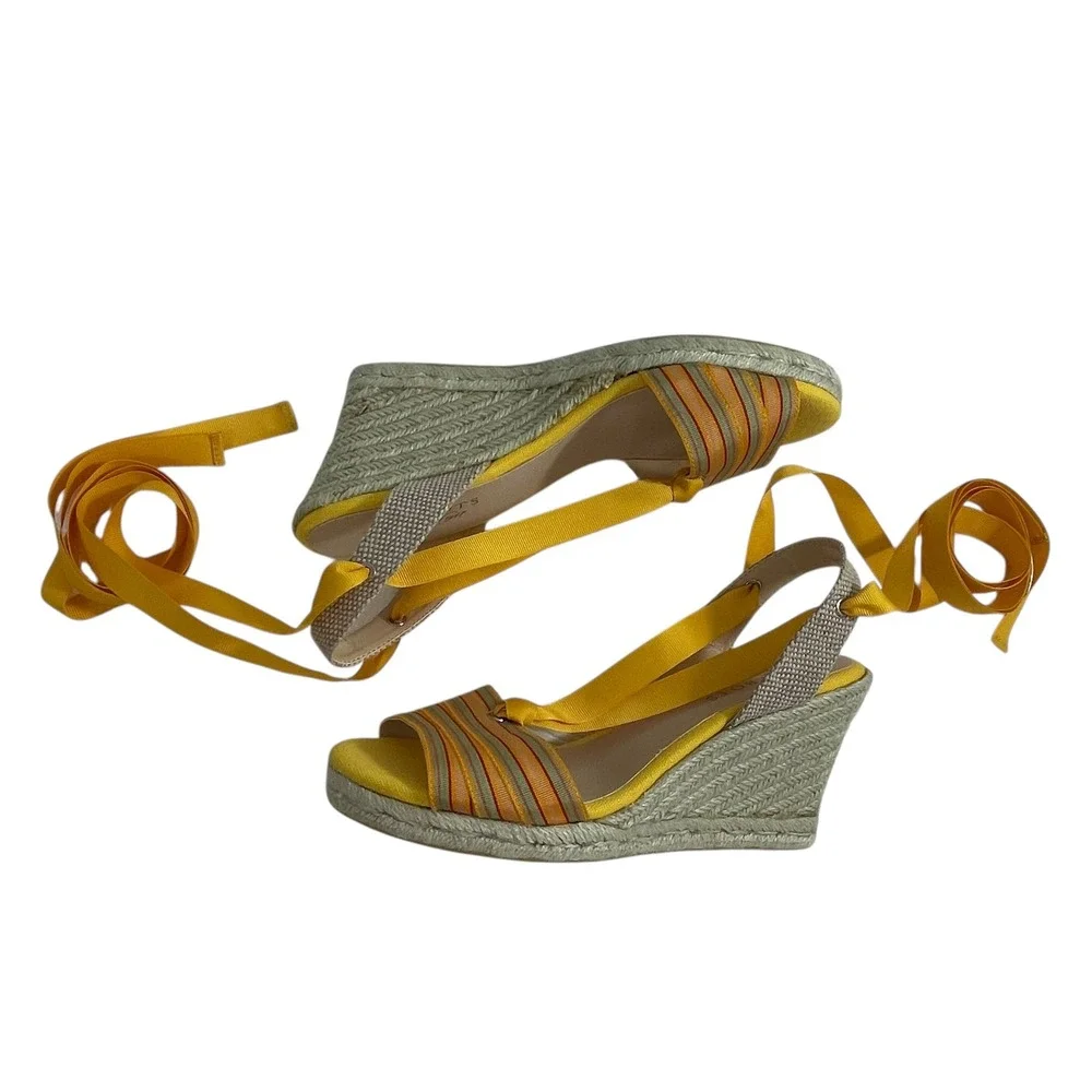 Talbots Espadrille Wedge‎ Sandals Size 9 Yellow Red Ribbon Tie Up Ankle Stripe